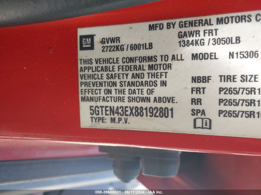 2008 Hummer H3 Suv VIN: 5GTEN43EX88192801 Lot: 39680031