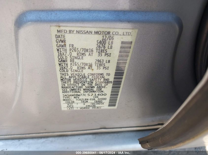 2007 Nissan Xterra S VIN: 5N1AN08W77C521400 Lot: 39680041