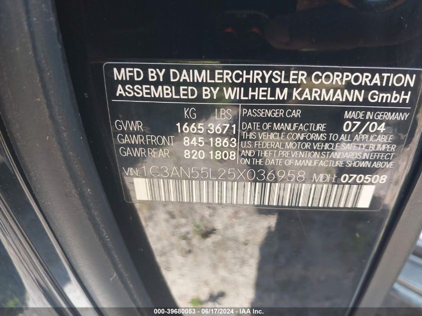 2005 Chrysler Crossfire VIN: 1C3AN55L25X036958 Lot: 39680053