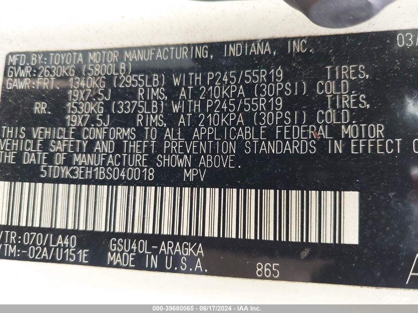 2011 Toyota Highlander Limited V6 VIN: 5TDYK3EH1BS040018 Lot: 39680065