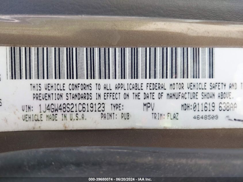 2001 Jeep Grand Cherokee VIN: 1J4GW485212619123 Lot: 39680074