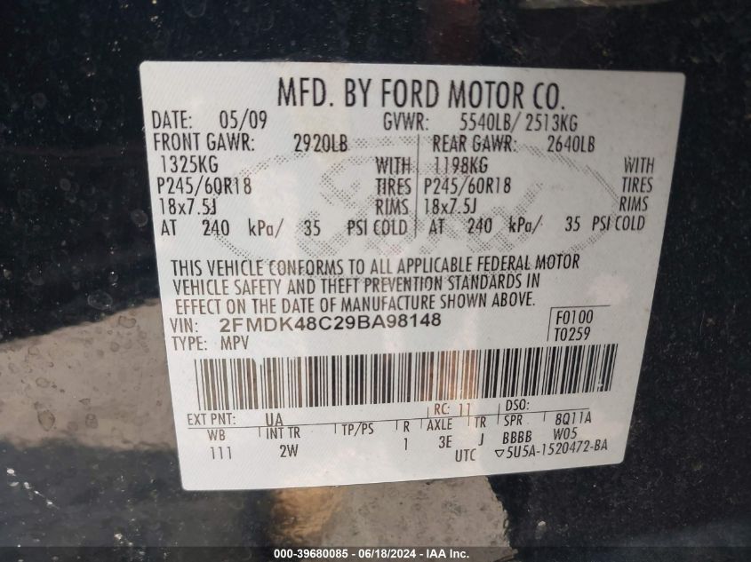 2009 Ford Edge Sel VIN: 2FMDK48C29BA98148 Lot: 39680085