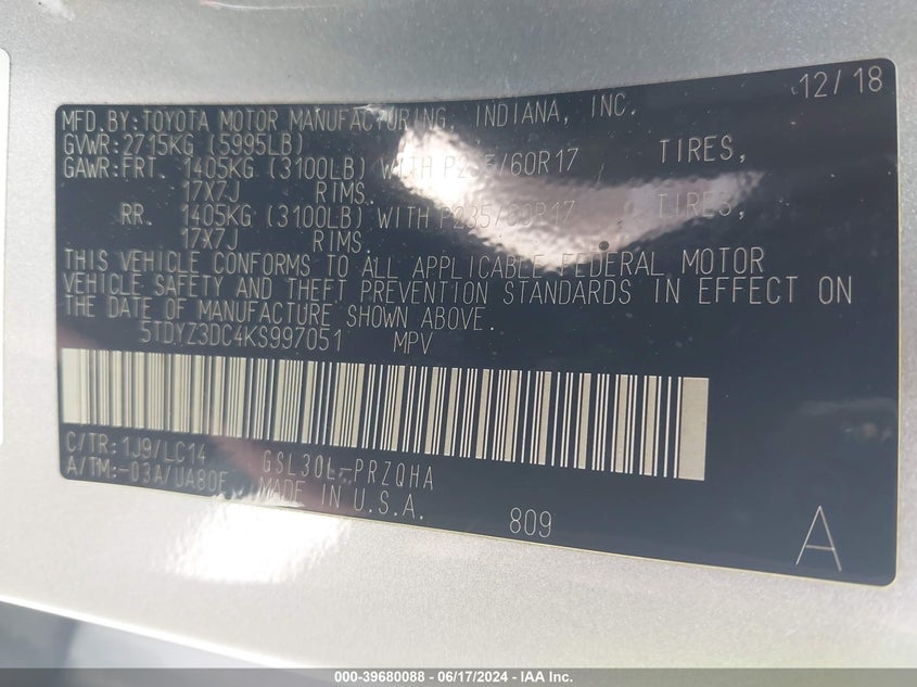 2019 Toyota Sienna Xle 8 Passenger VIN: 5TDYZ3DC4KS997051 Lot: 39680088