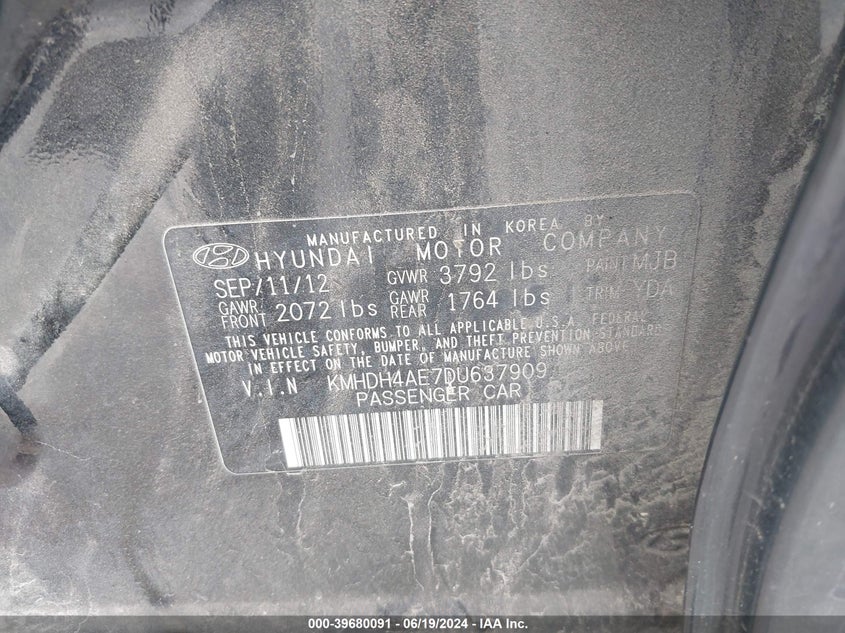 2013 Hyundai Elantra Limited VIN: KMHDH4AE7DU637909 Lot: 39680091