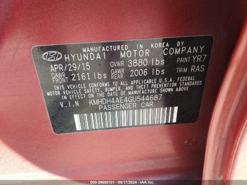 KMHDH4AE4GU544687 | 2016 HYUNDAI ELANTRA