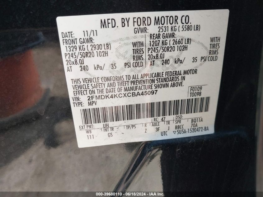 2012 Ford Edge Limited VIN: 2FMDK4KCXCBA45097 Lot: 39680110