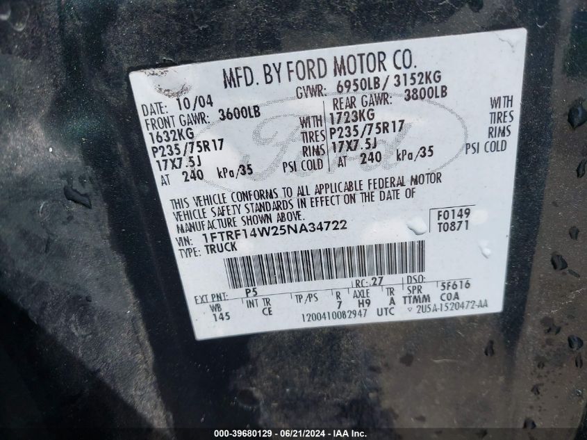 2005 Ford F-150 Stx/Xl/Xlt VIN: 1FTRF14W25NA34722 Lot: 39680129