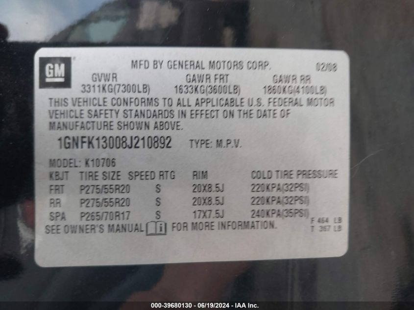 2008 Chevrolet Tahoe Ltz VIN: 1GNFK13008J210892 Lot: 39680130