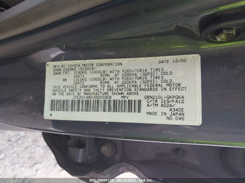 2003 Toyota 4Runner Sr5/Sport VIN: JTEZU14R630005908 Lot: 39680139