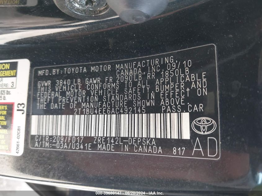 2010 Toyota Corolla S VIN: 2T1BU4EE6AC492145 Lot: 39680147