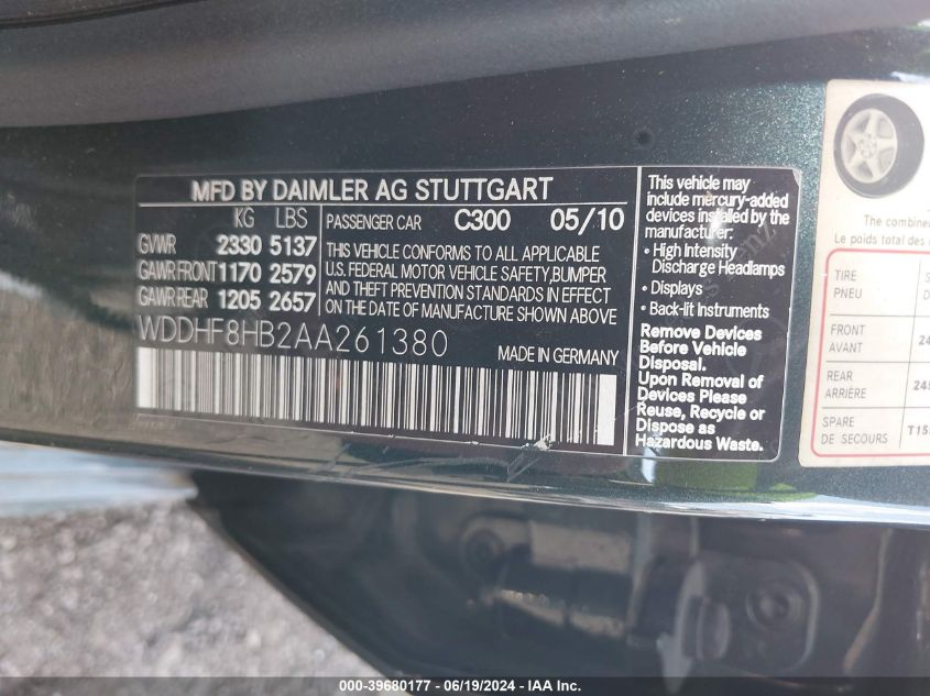 2010 Mercedes-Benz E 350 4Matic VIN: WDDHF8HB2AA261380 Lot: 39680177