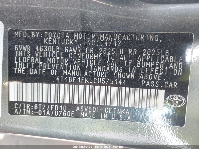 2012 Toyota Camry Se/Le/Xle VIN: 4T1BF1FK5CU575144 Lot: 39680179