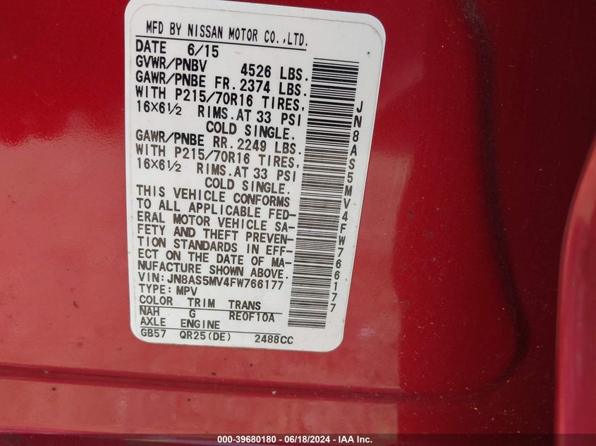 2015 Nissan Rogue Select S VIN: JN8AS5MV4FW766177 Lot: 39680180