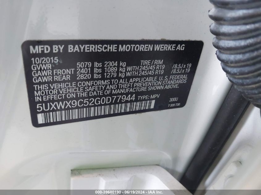 2016 BMW X3 xDrive28I VIN: 5UXWX9C52G0D77944 Lot: 39680190