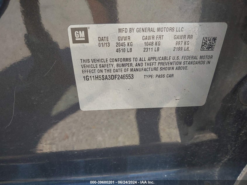 2013 Chevrolet Malibu 1Lz VIN: 1G11H5SA3DF246553 Lot: 39680201
