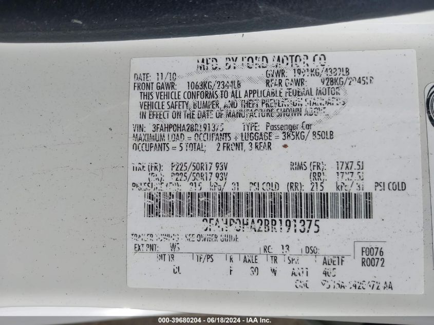 2011 Ford Fusion Se VIN: 3FAHP0HA2BR191375 Lot: 39680204