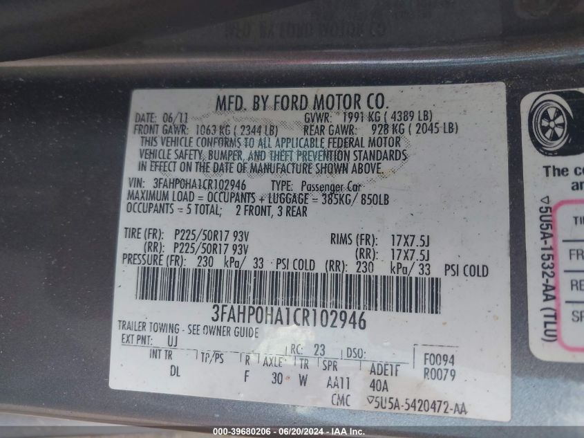 2012 Ford Fusion Se VIN: 3FAHP0HA1CR102946 Lot: 39680206