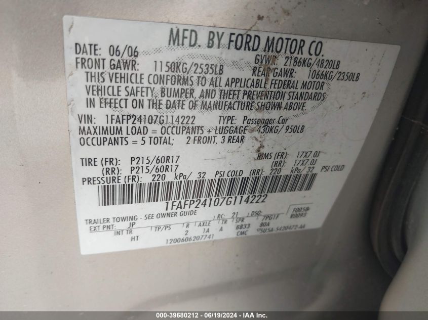 2007 Ford Five Hundred Sel VIN: 1FAFP24107G114222 Lot: 39680212