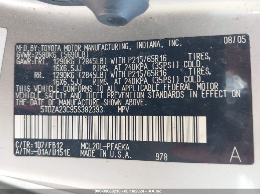 2005 Toyota Sienna Le VIN: 5TDZA23C95S382393 Lot: 39680216