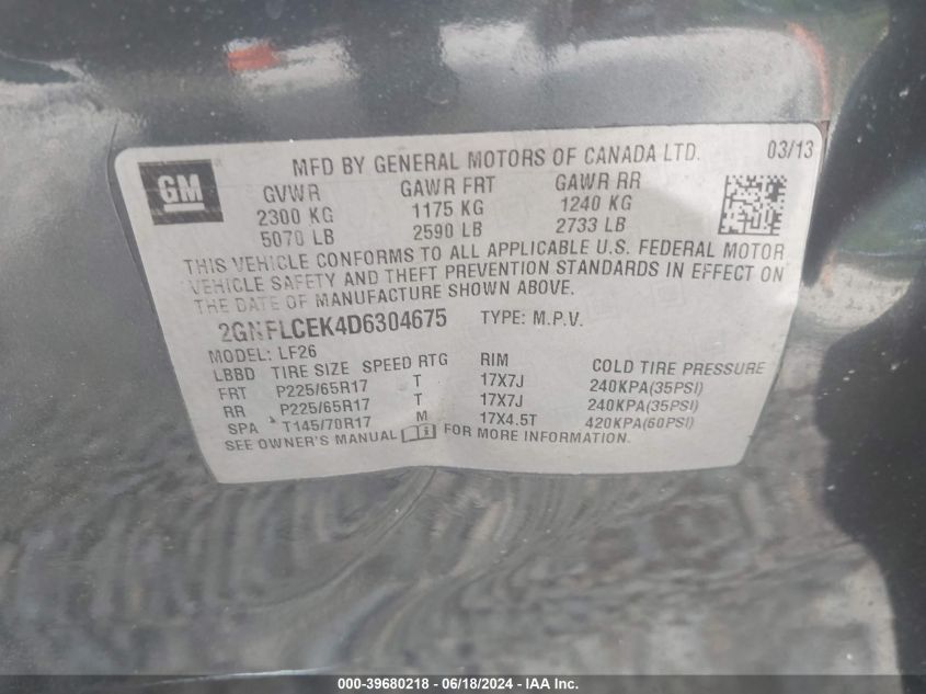 2013 Chevrolet Equinox Ls VIN: 2GNFLCEK4D6304675 Lot: 39680218