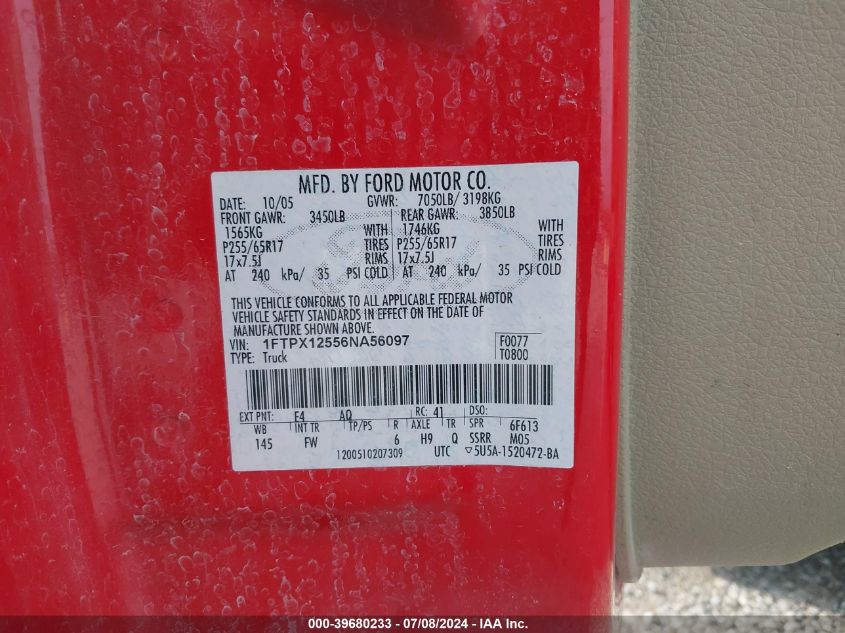 2006 Ford F-150 Lariat/Xl/Xlt VIN: 1FTPX12556NA56097 Lot: 39680233