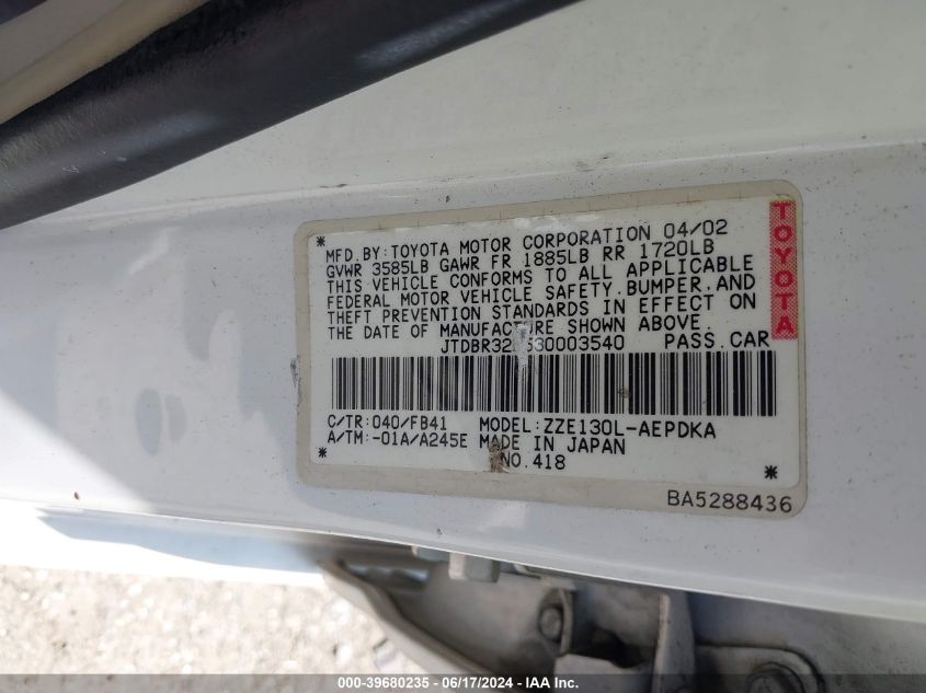 2003 Toyota Corolla Ce VIN: JTDBR32E530003540 Lot: 39680235