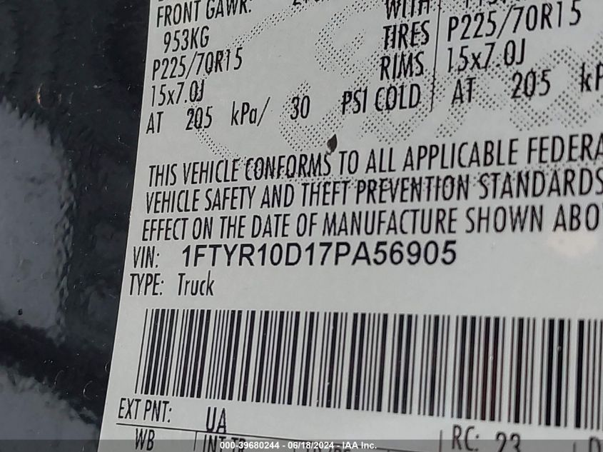 2007 Ford Ranger Stx/Xl/Xlt VIN: 1FTYR10D17PA56905 Lot: 39680244