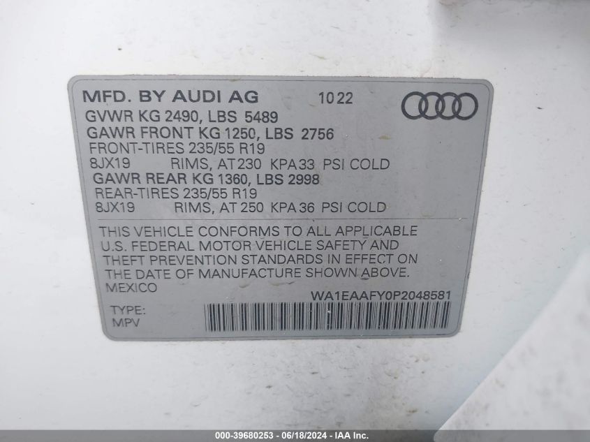 2023 Audi Q5 Premium Plus 45 Tfsi S Line Quattro VIN: WA1EAAFY0P2048581 Lot: 39680253