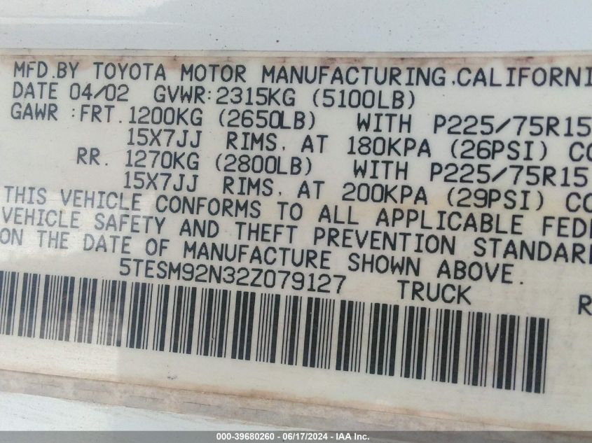 2002 Toyota Tacoma Prerunner VIN: 5TESM92N32Z079127 Lot: 39680260