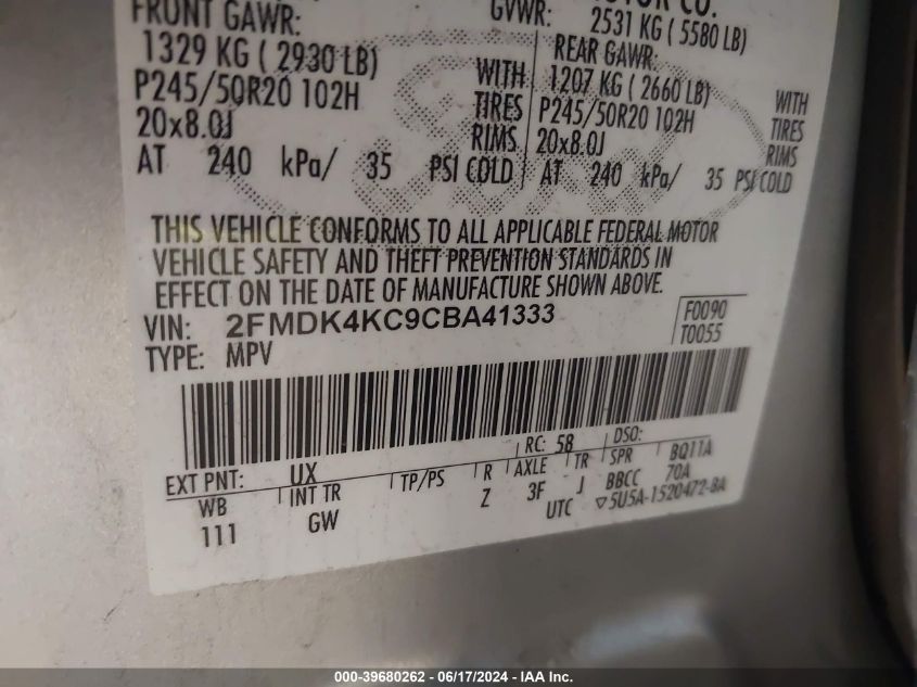 2012 Ford Edge Limited VIN: 2FMDK4KC9CBA41333 Lot: 39680262