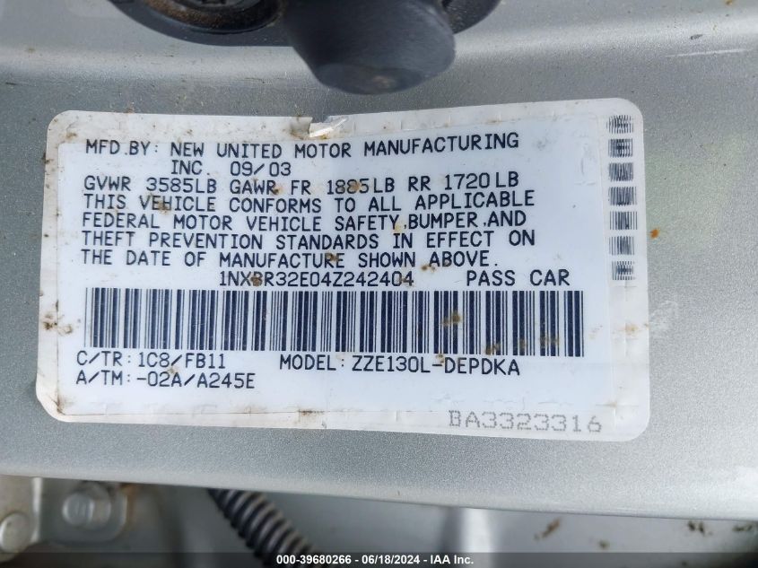 2004 Toyota Corolla Ce VIN: 1NXBR32E04Z242404 Lot: 39680266