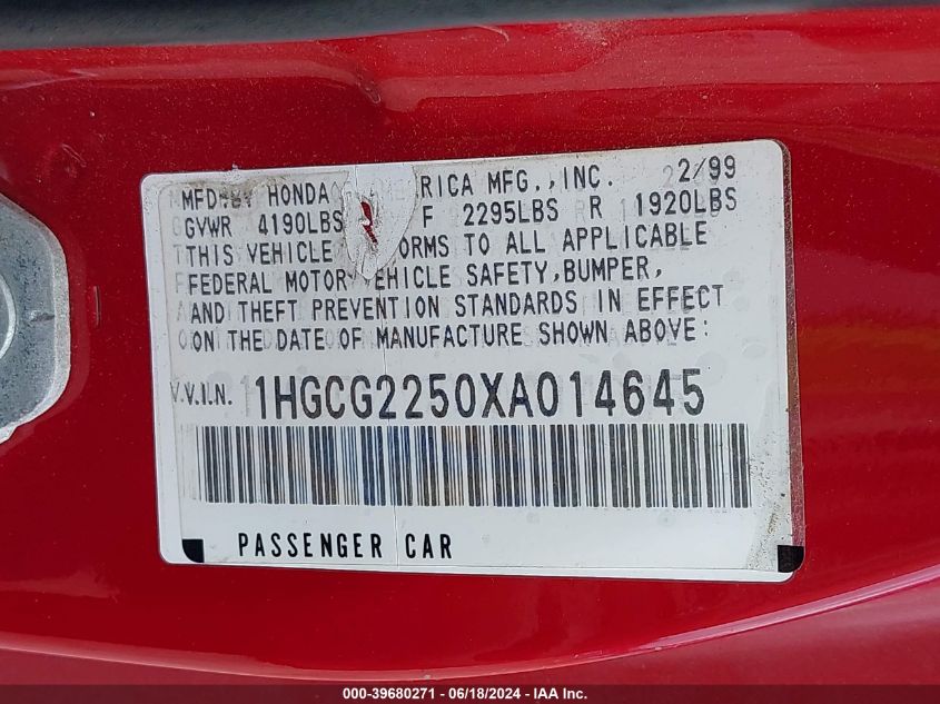 1999 Honda Accord Ex V6 VIN: 1HGCG2250XA014645 Lot: 39680271