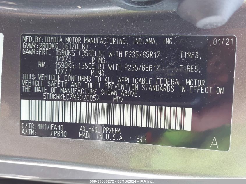 2021 Toyota Sienna Le VIN: 5TDKRKEC7MS020052 Lot: 39680272