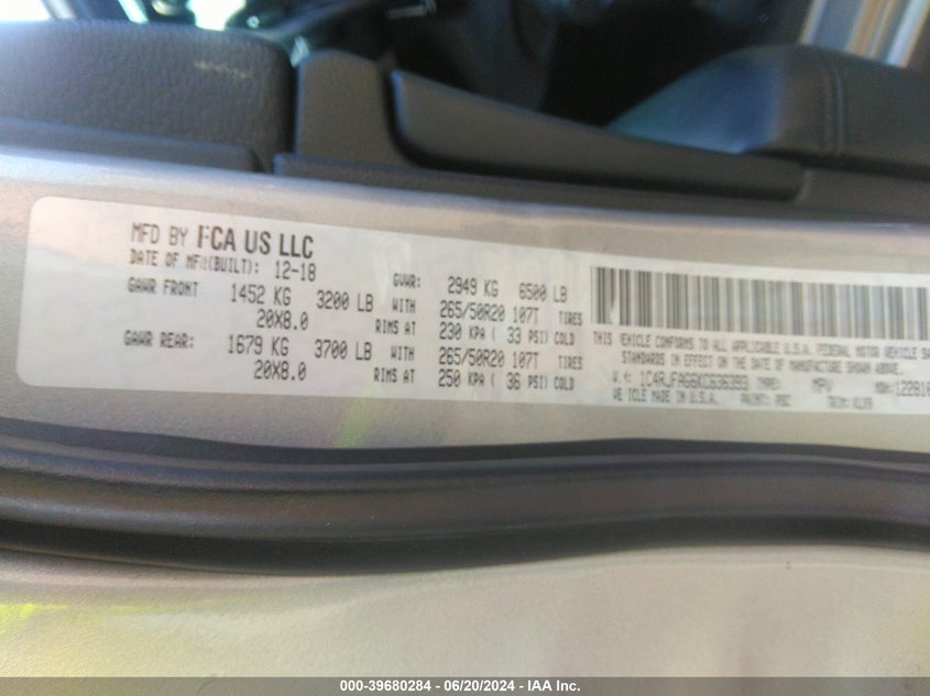 2019 Jeep Grand Cherokee Altitude 4X4 VIN: 1C4RJFAG6KC636393 Lot: 39680284