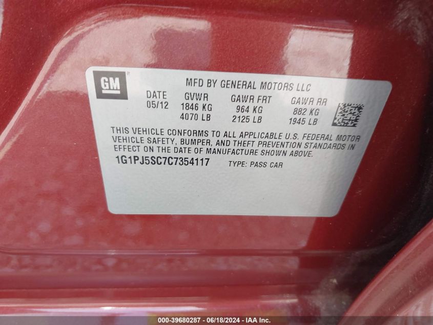 2012 Chevrolet Cruze Eco VIN: 1G1PJ5SC7C7354117 Lot: 39680287