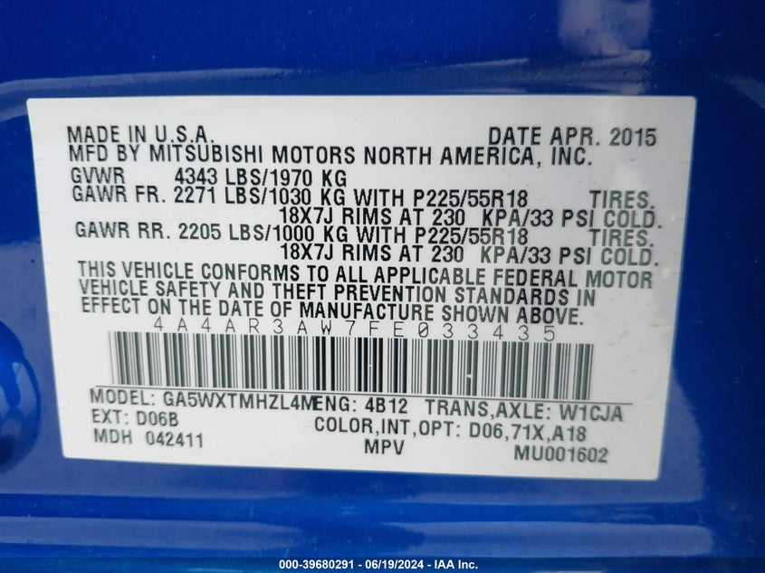 2015 Mitsubishi Outlander Sport Es VIN: 4A4AR3AW7FE033435 Lot: 39680291