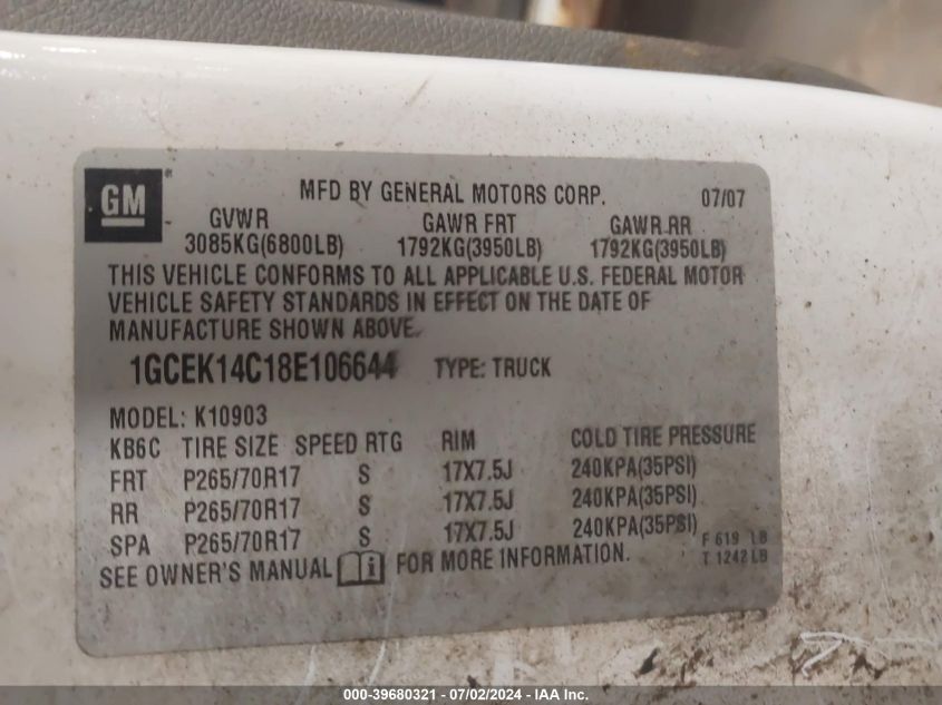 2008 Chevrolet Silverado 1500 Work Truck VIN: 1GCEK14C18E106644 Lot: 39680321