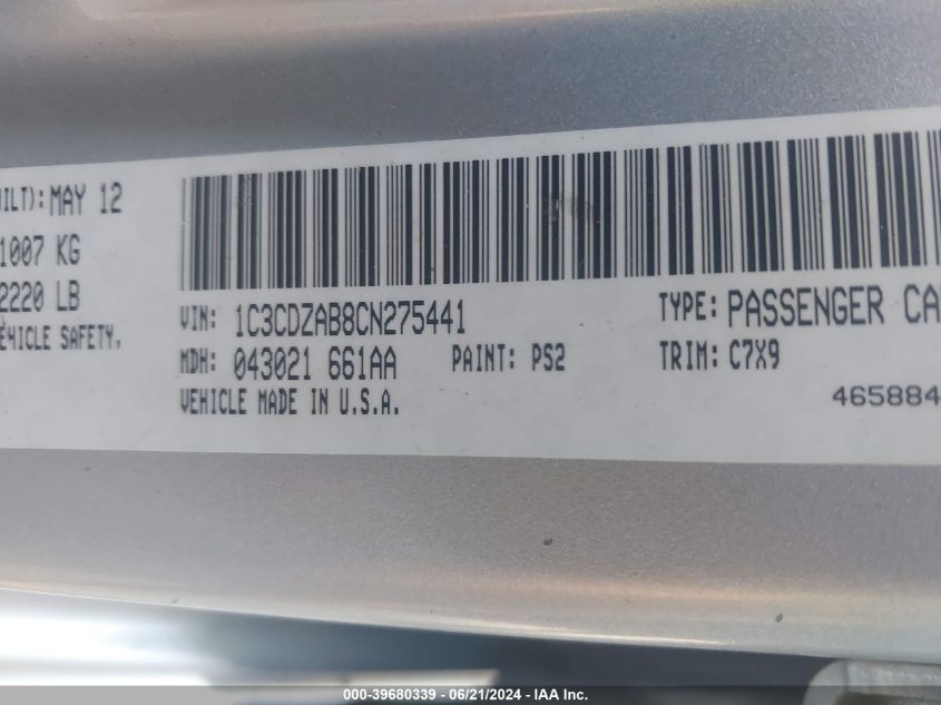 2012 Dodge Avenger Se VIN: 1C3CDZAB8CN275441 Lot: 39680339