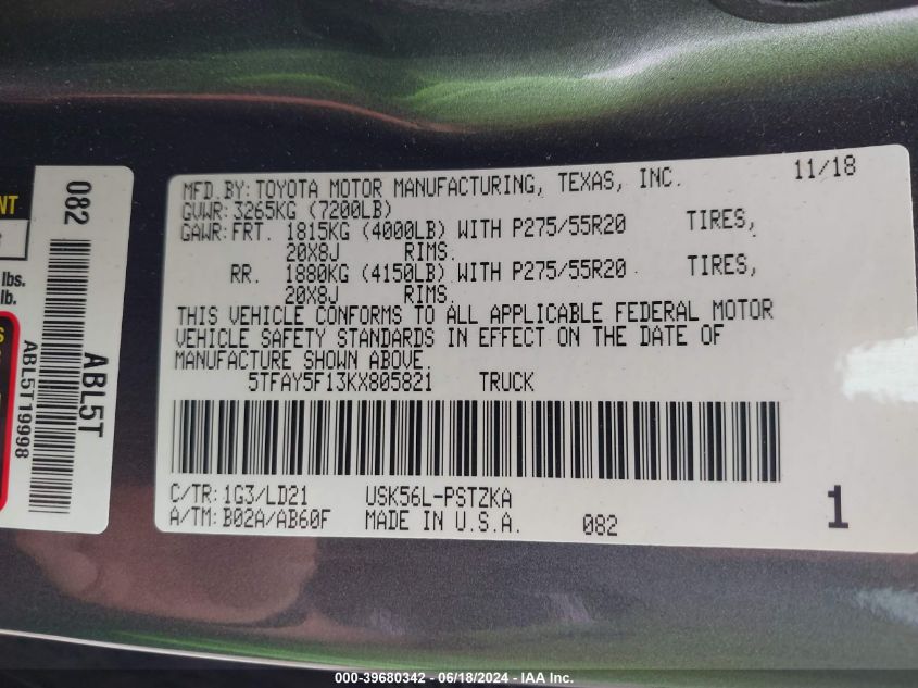 2019 TOYOTA TUNDRA 1794 5.7L V8 - 5TFAY5F13KX805821