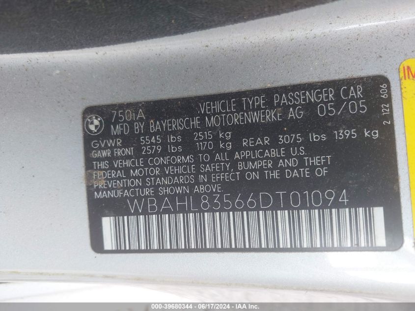 2006 BMW 750I VIN: WBAHL83566DT01094 Lot: 39680344