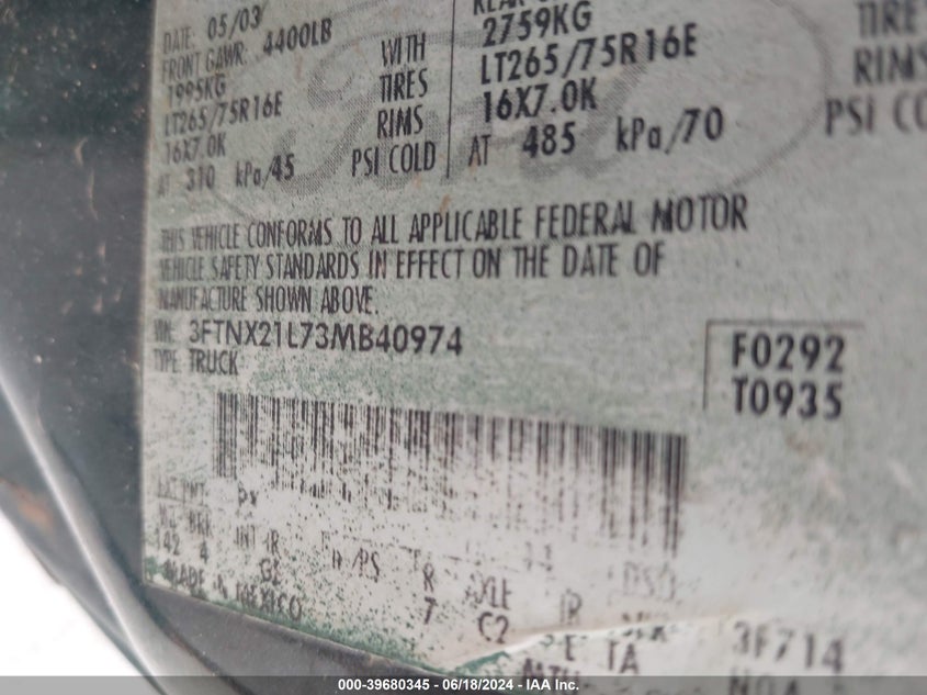 2003 Ford F-250 Lariat/Xl/Xlt VIN: 3FTNX21L73MB40974 Lot: 39680345