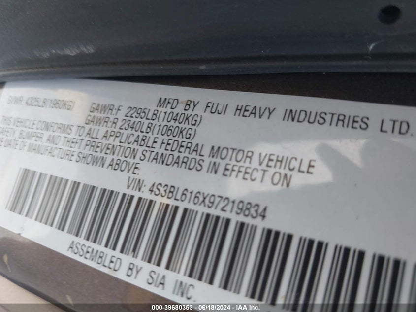 2009 Subaru Legacy 2.5I VIN: 4S3BL616X97219834 Lot: 39680353