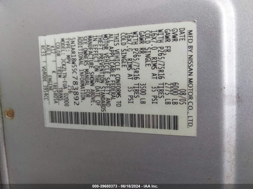 2005 Nissan Pathfinder Se Off-Road VIN: 5N1AR18W55C783892 Lot: 39680373