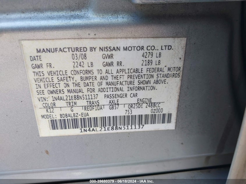 2008 Nissan Altima 2.5 S VIN: 1N4AL21E88N511137 Lot: 39680379