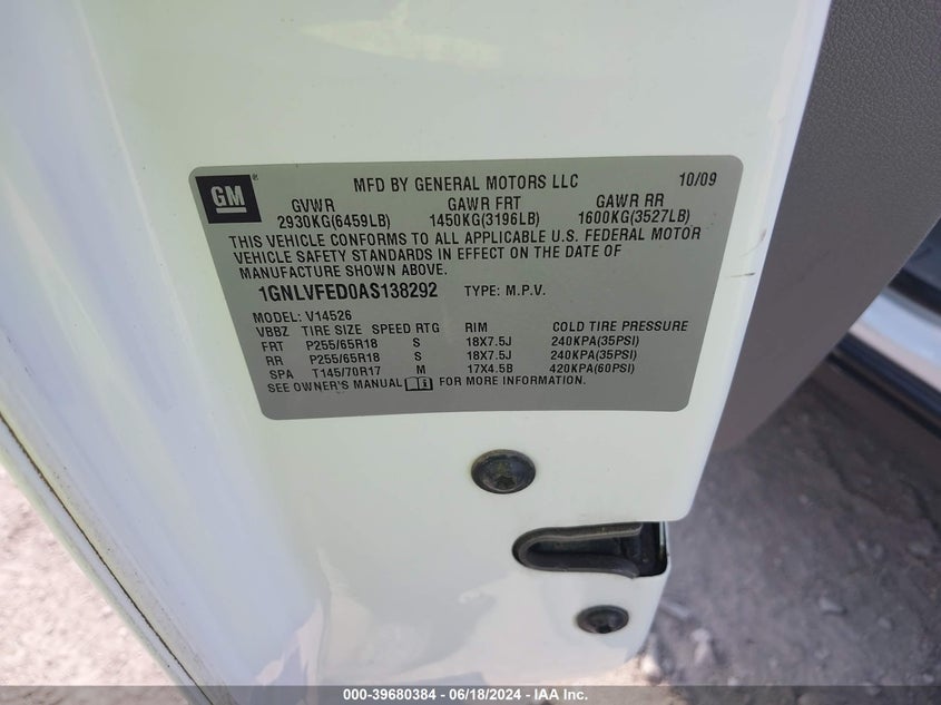 2010 Chevrolet Traverse Lt VIN: 1GNLVFED0AS138292 Lot: 39680384