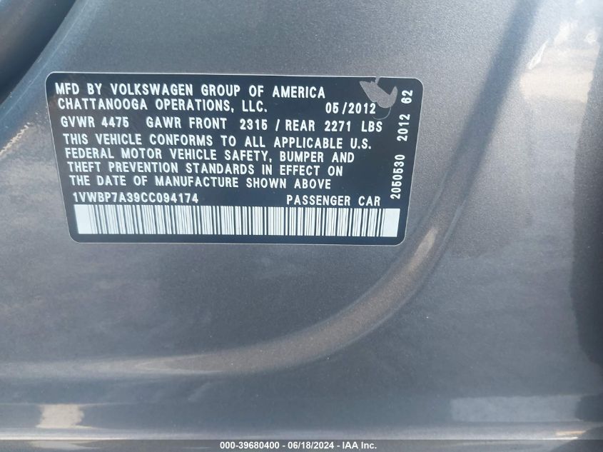 2012 Volkswagen Passat 2.5L Se VIN: 1VWBP7A39CC094174 Lot: 39680400