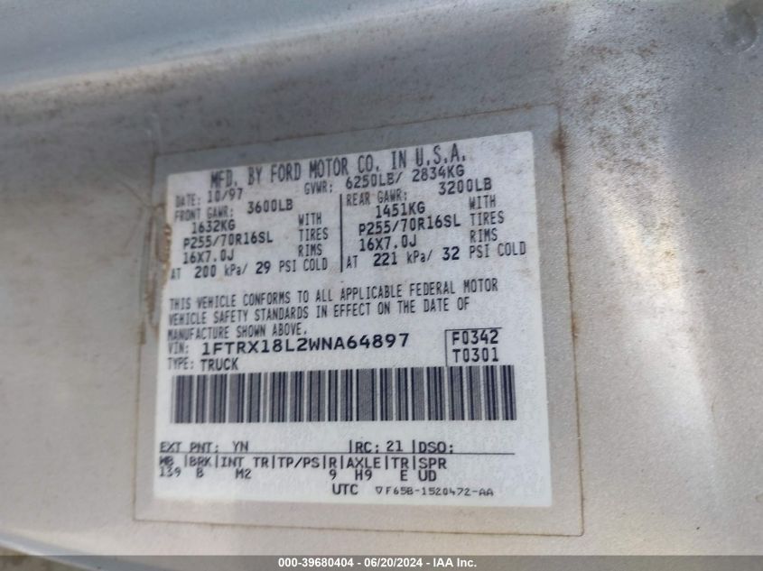 1998 Ford F150 VIN: 1FTRX18L2WNA64897 Lot: 39680404