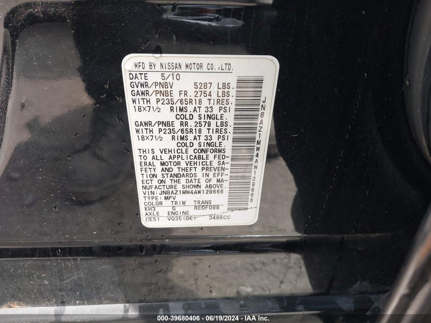 2010 Nissan Murano S VIN: JN8AZ1MW4AW129666 Lot: 39680406