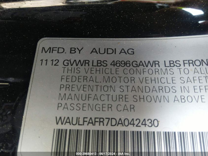 2013 Audi A5 2.0T Premium VIN: WAULFAFR7DA042430 Lot: 39680413