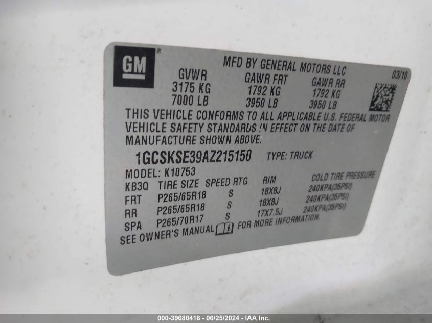 2010 Chevrolet Silverado 1500 Lt VIN: 1GCSKSE39AZ215150 Lot: 39680416